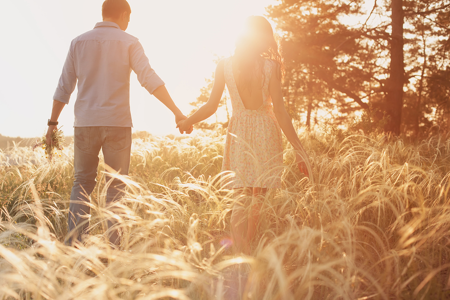 lovers walking in a field at sunset holding hands